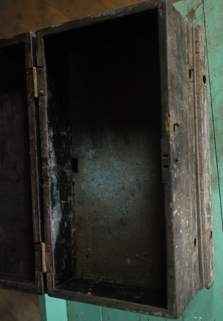 Antique Bench Made Wooden Tool Box With Lift Top, Two Drawers, Ruler Dividers, Worn Surface Finish, Black Paint