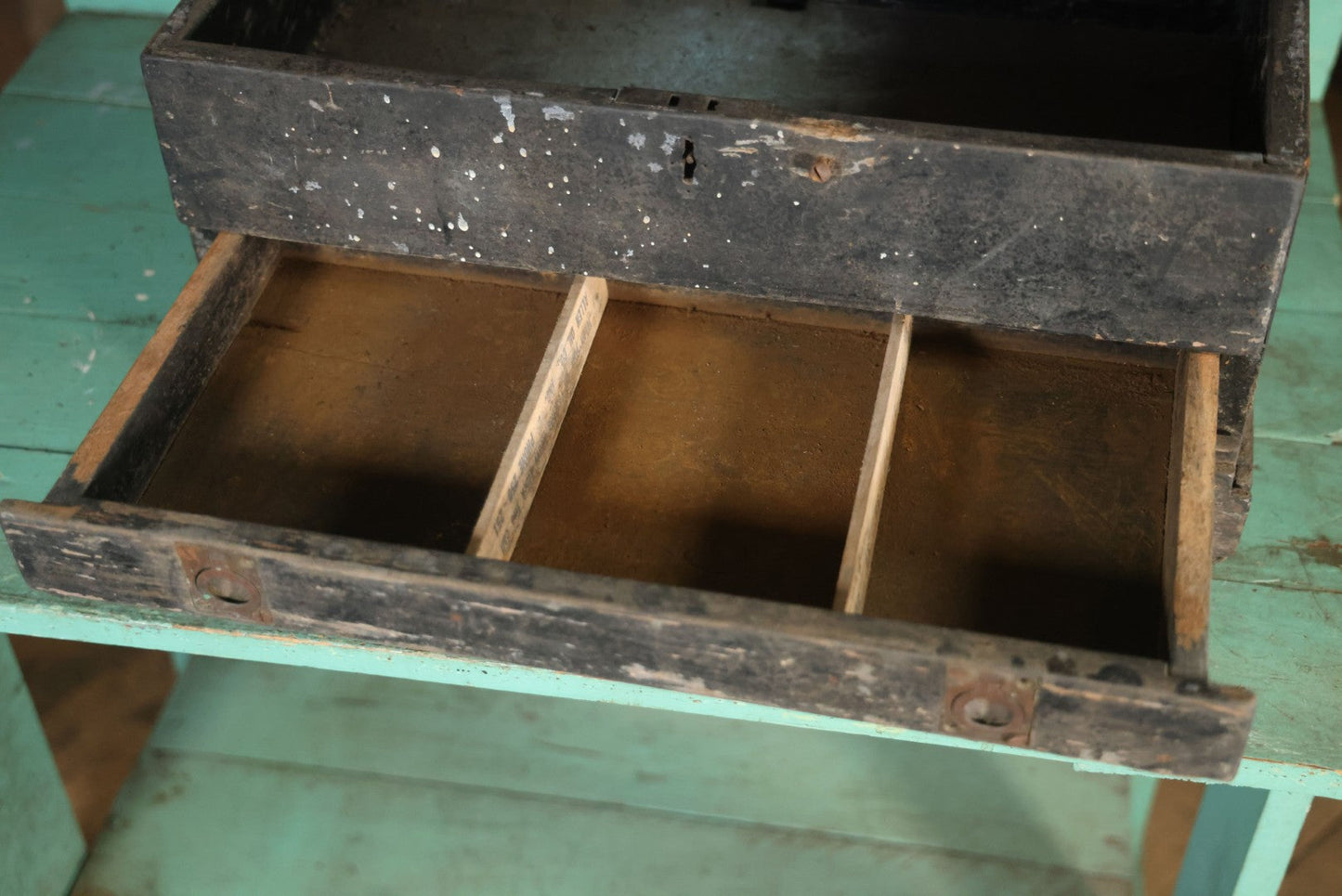 Antique Bench Made Wooden Tool Box With Lift Top, Two Drawers, Ruler Dividers, Worn Surface Finish, Black Paint