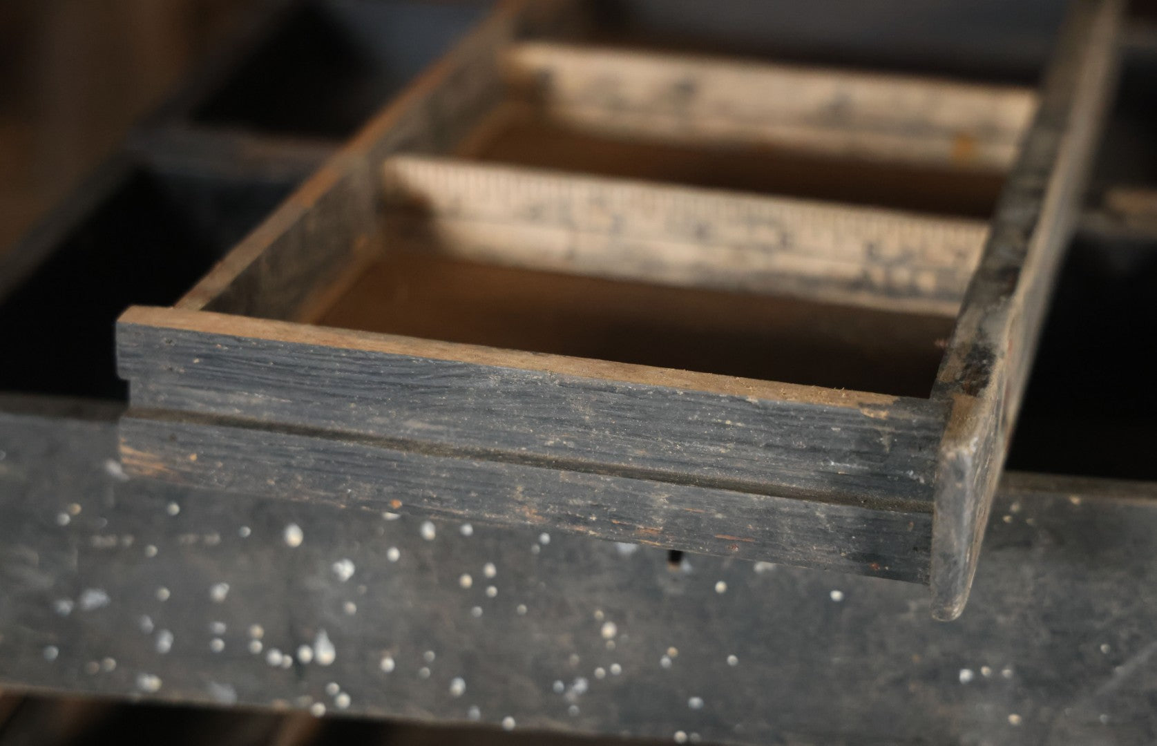 Antique Bench Made Wooden Tool Box With Lift Top, Two Drawers, Ruler Dividers, Worn Surface Finish, Black Paint