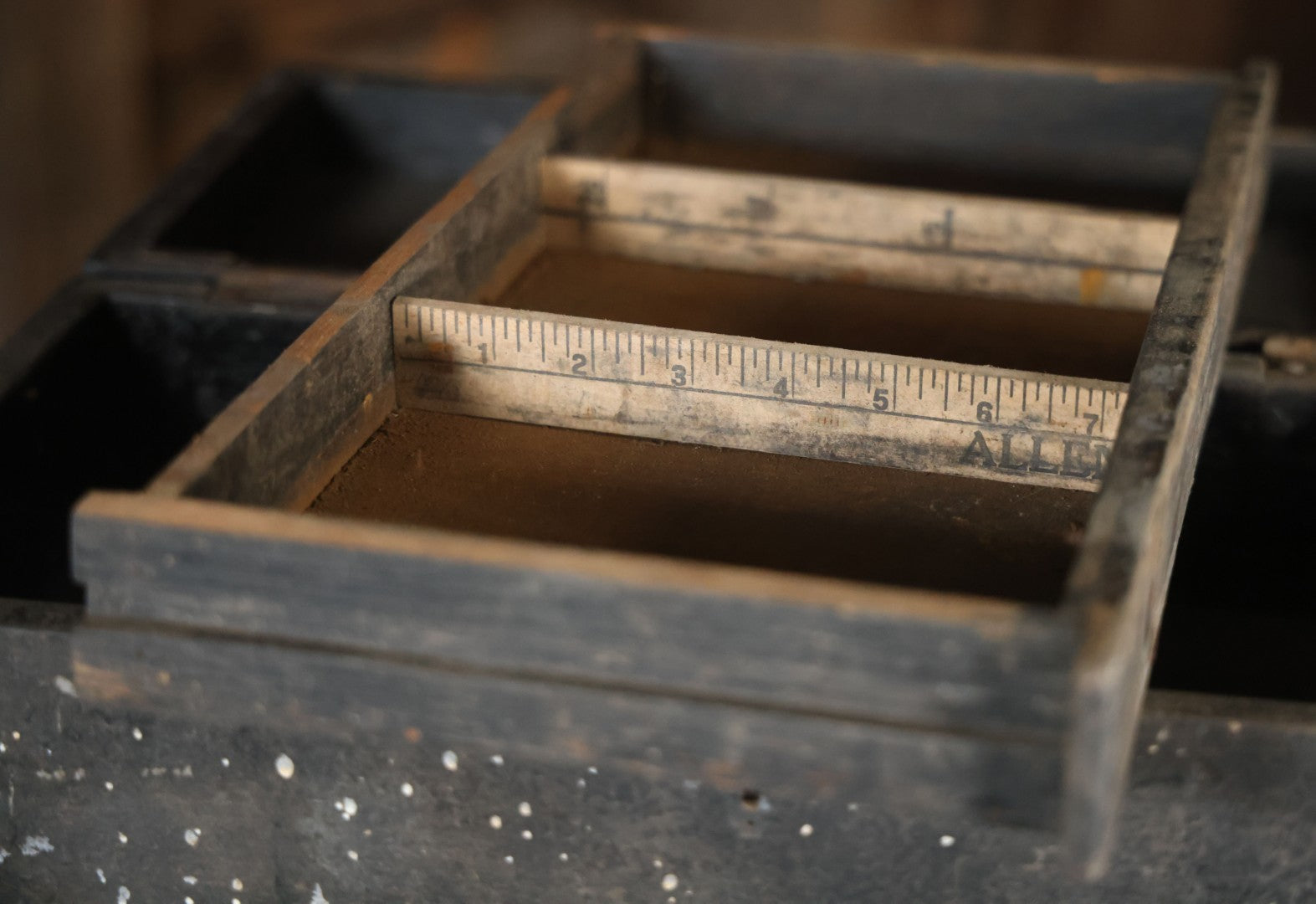Antique Bench Made Wooden Tool Box With Lift Top, Two Drawers, Ruler Dividers, Worn Surface Finish, Black Paint