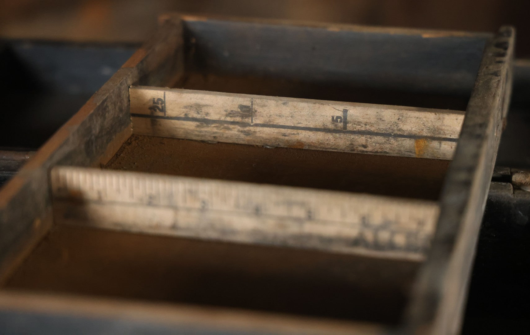 Antique Bench Made Wooden Tool Box With Lift Top, Two Drawers, Ruler Dividers, Worn Surface Finish, Black Paint