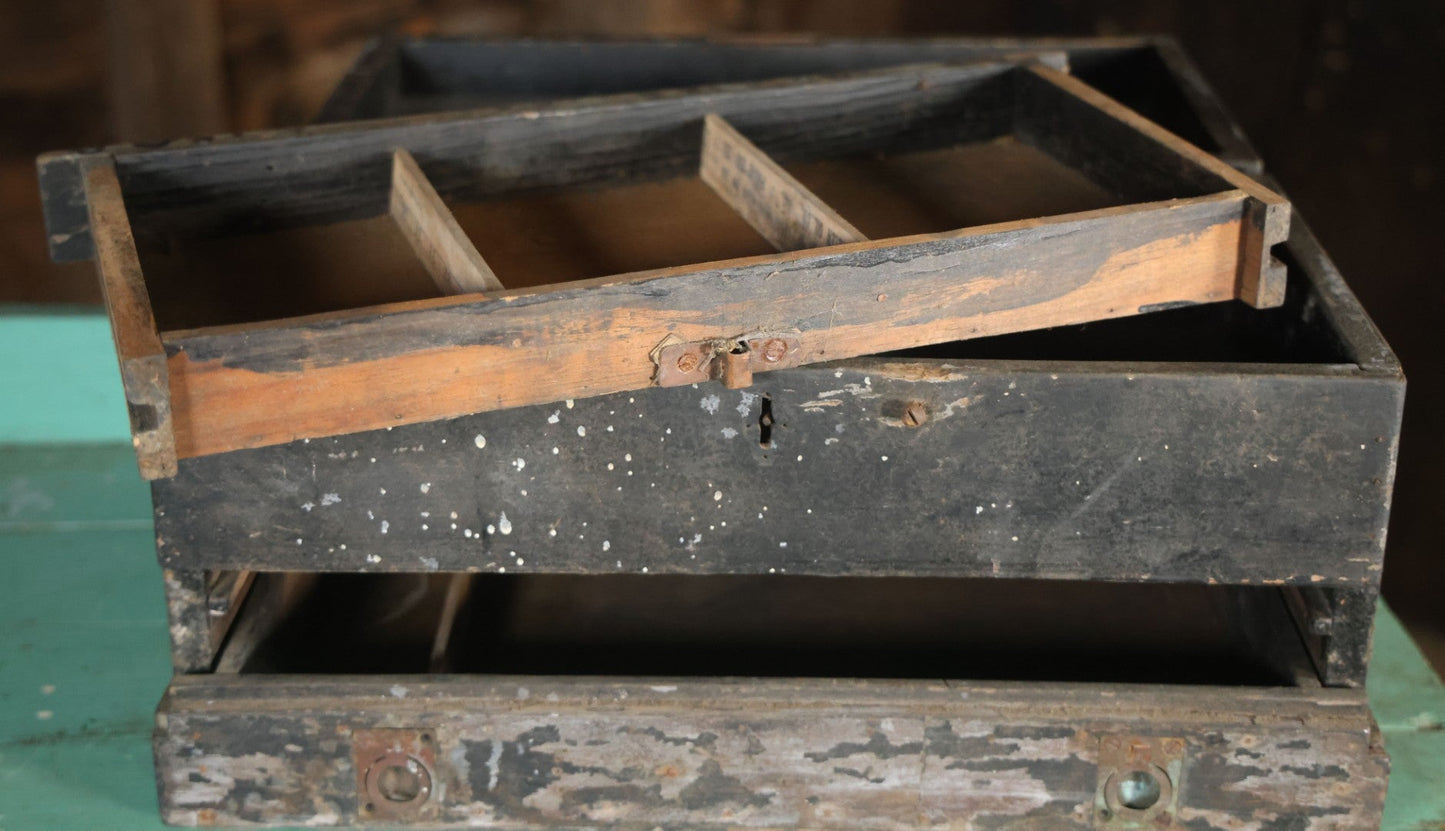 Antique Bench Made Wooden Tool Box With Lift Top, Two Drawers, Ruler Dividers, Worn Surface Finish, Black Paint