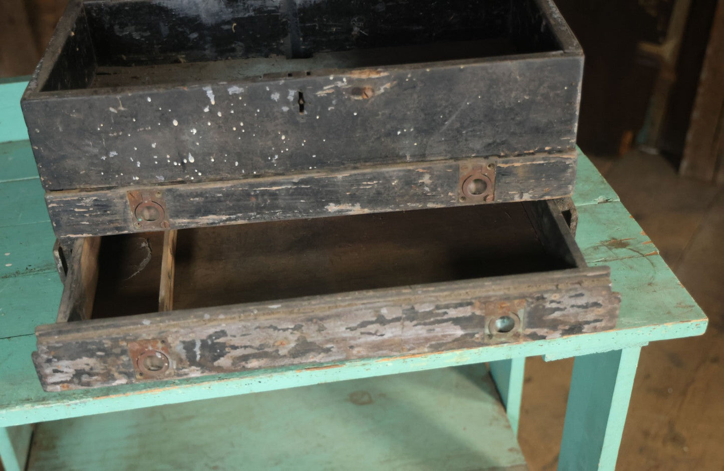 Antique Bench Made Wooden Tool Box With Lift Top, Two Drawers, Ruler Dividers, Worn Surface Finish, Black Paint