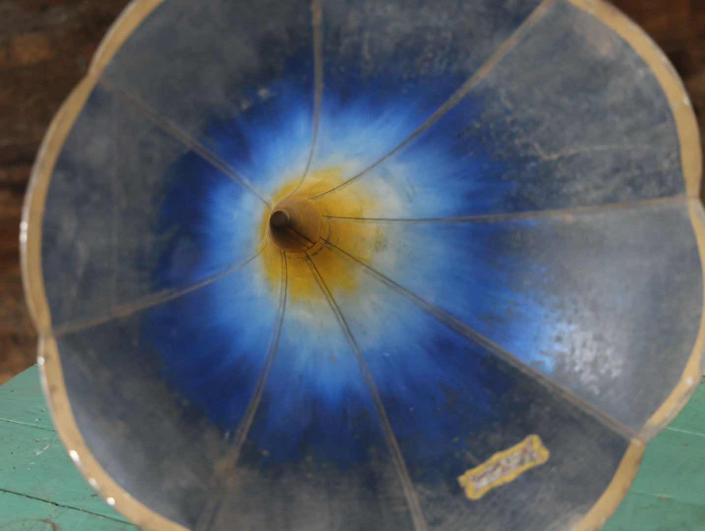 Antique Tin Phonograph Victrola Edison Horn, With Blue And Yellow Design, Manufactured By Babson Bros, Chicago, Circa 1910