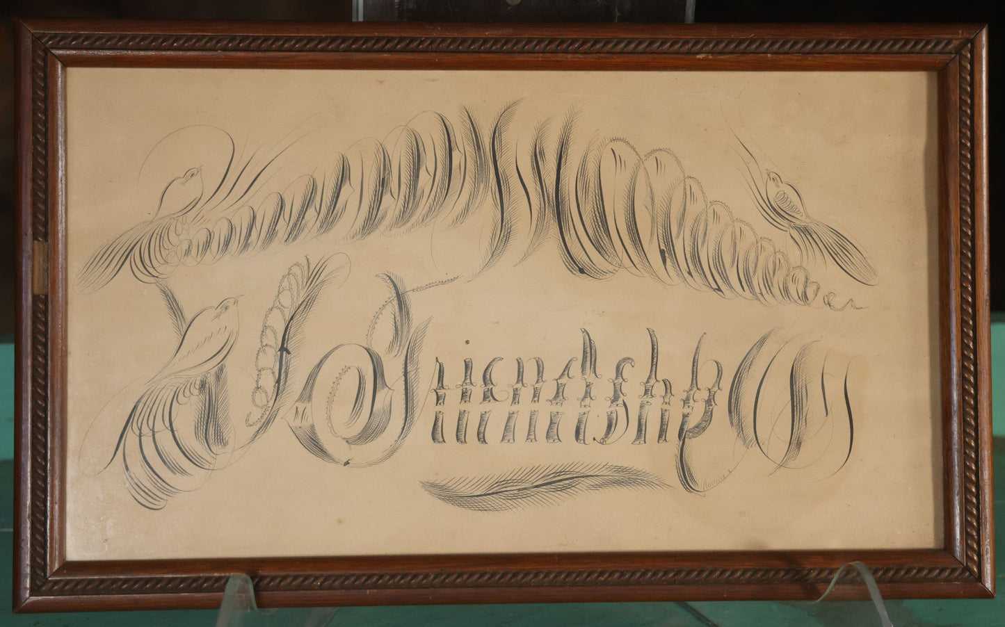 Antique Hand Drawn Calligraphy Art, "Friendship," With Birds Motif. 19-1/4" x 11-1/2"