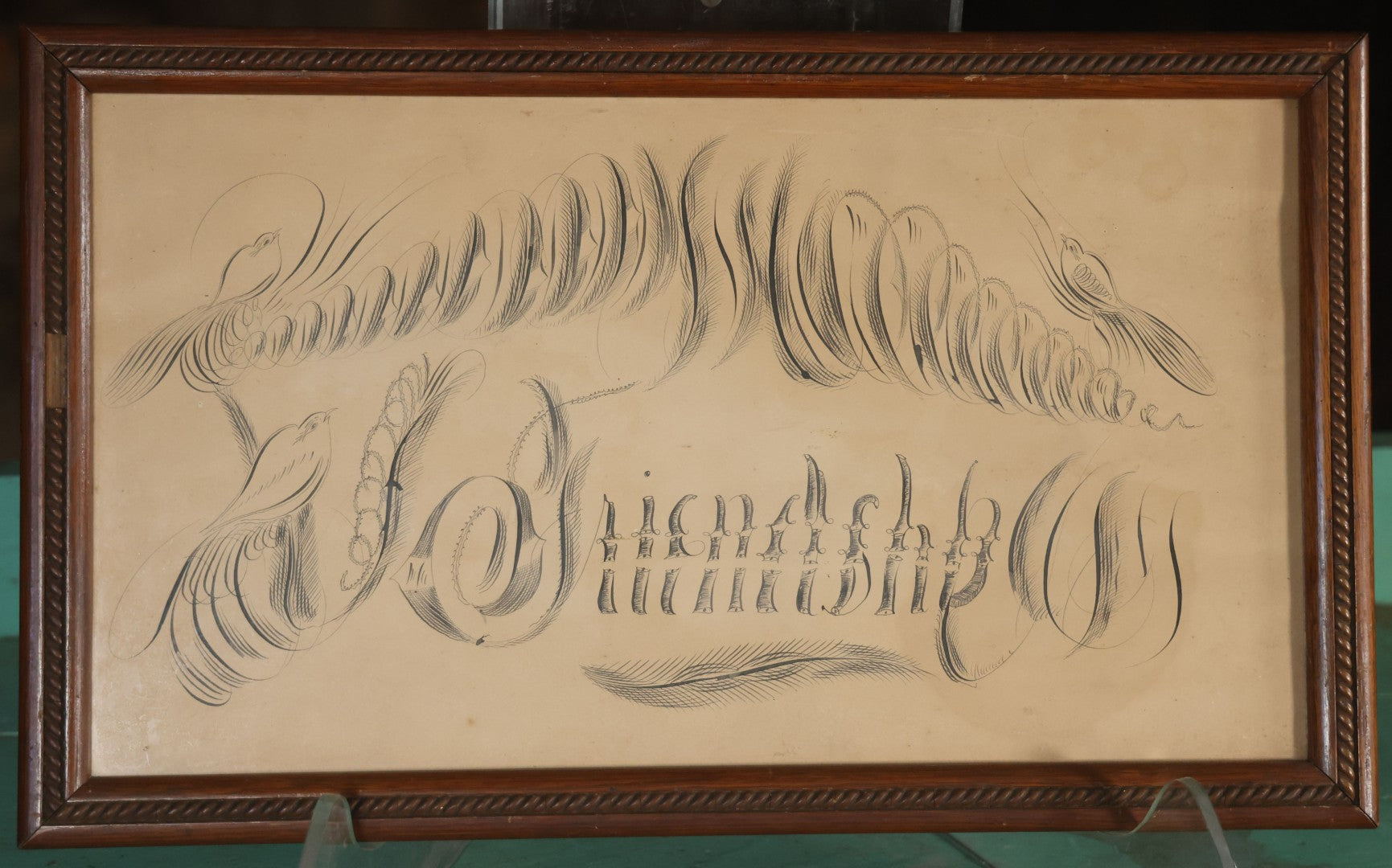 Antique Hand Drawn Calligraphy Art, "Friendship," With Birds Motif. 19-1/4" x 11-1/2"