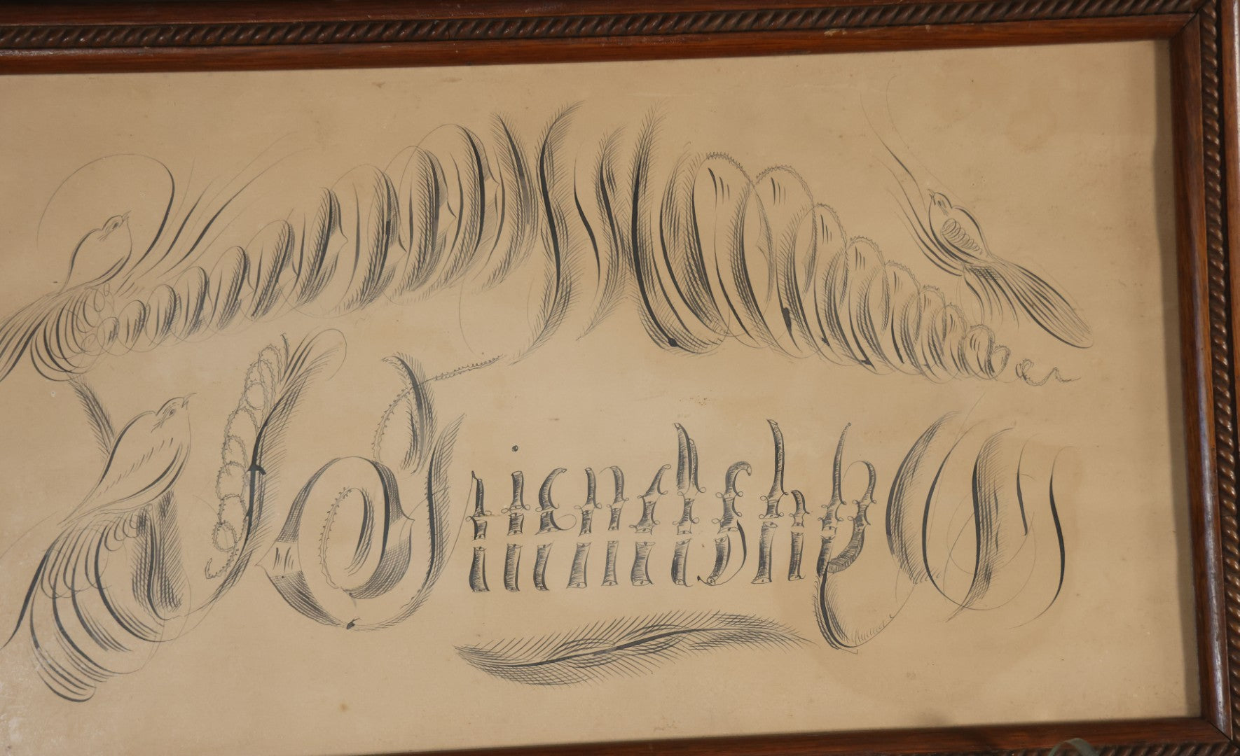 Antique Hand Drawn Calligraphy Art, "Friendship," With Birds Motif. 19-1/4" x 11-1/2"