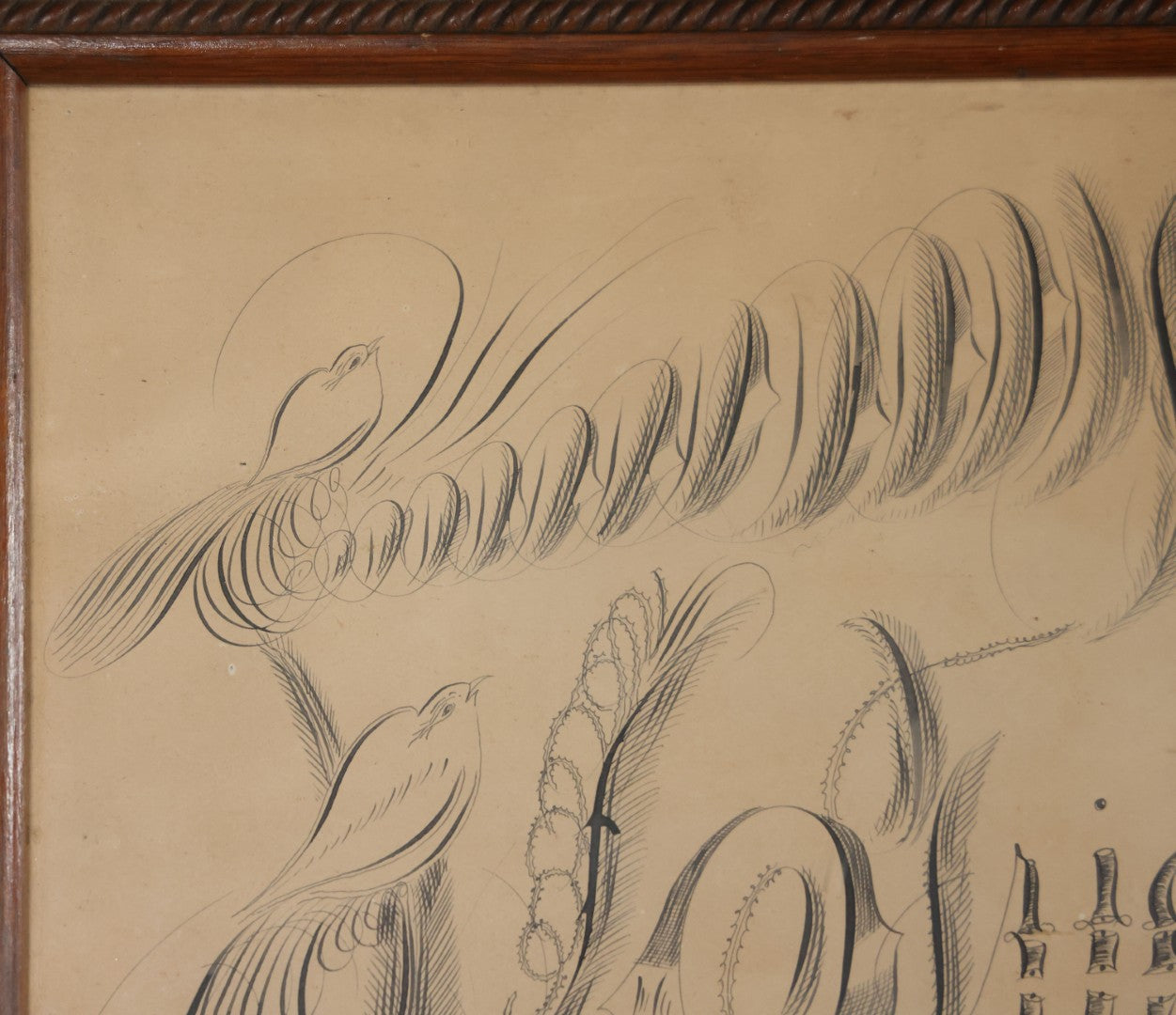 Antique Hand Drawn Calligraphy Art, "Friendship," With Birds Motif. 19-1/4" x 11-1/2"