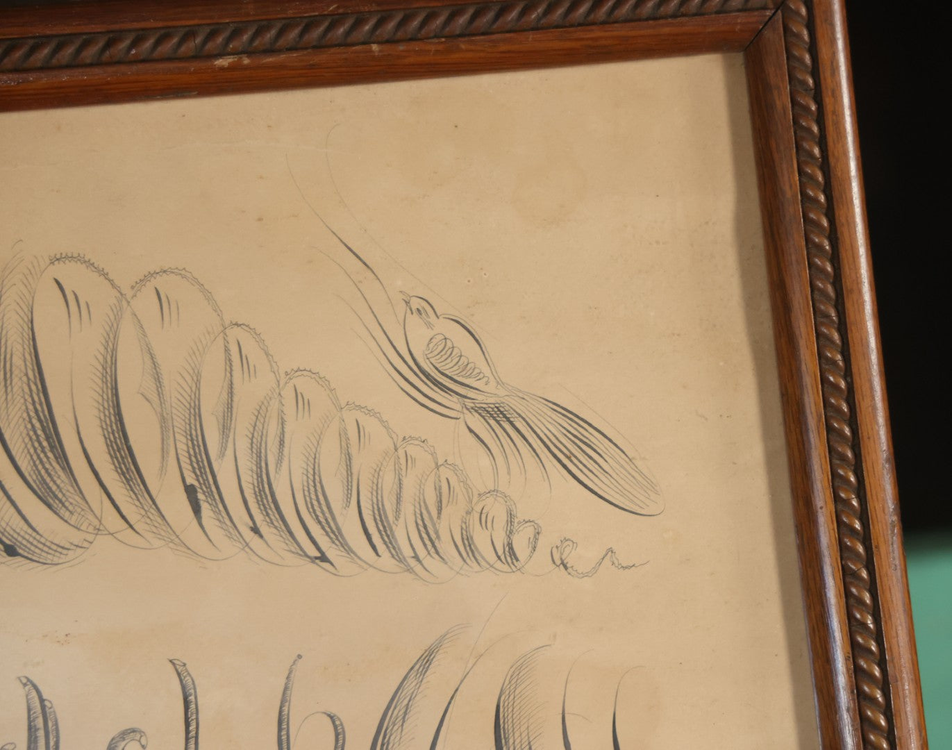 Antique Hand Drawn Calligraphy Art, "Friendship," With Birds Motif. 19-1/4" x 11-1/2"