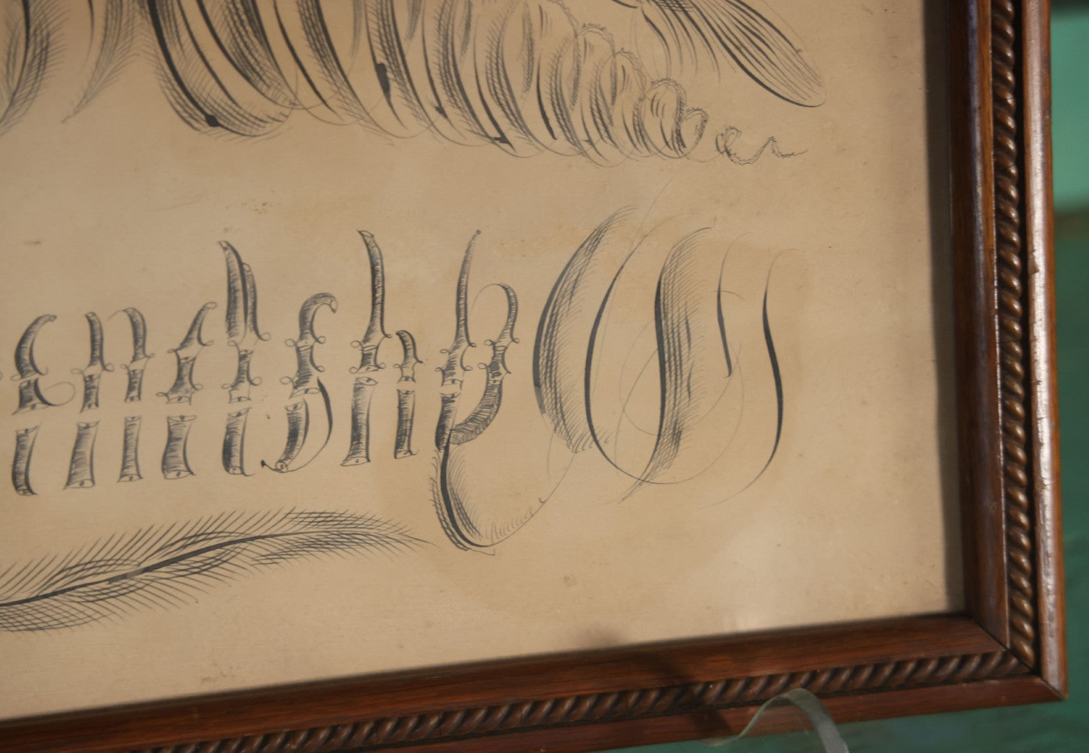 Antique Hand Drawn Calligraphy Art, "Friendship," With Birds Motif. 19-1/4" x 11-1/2"