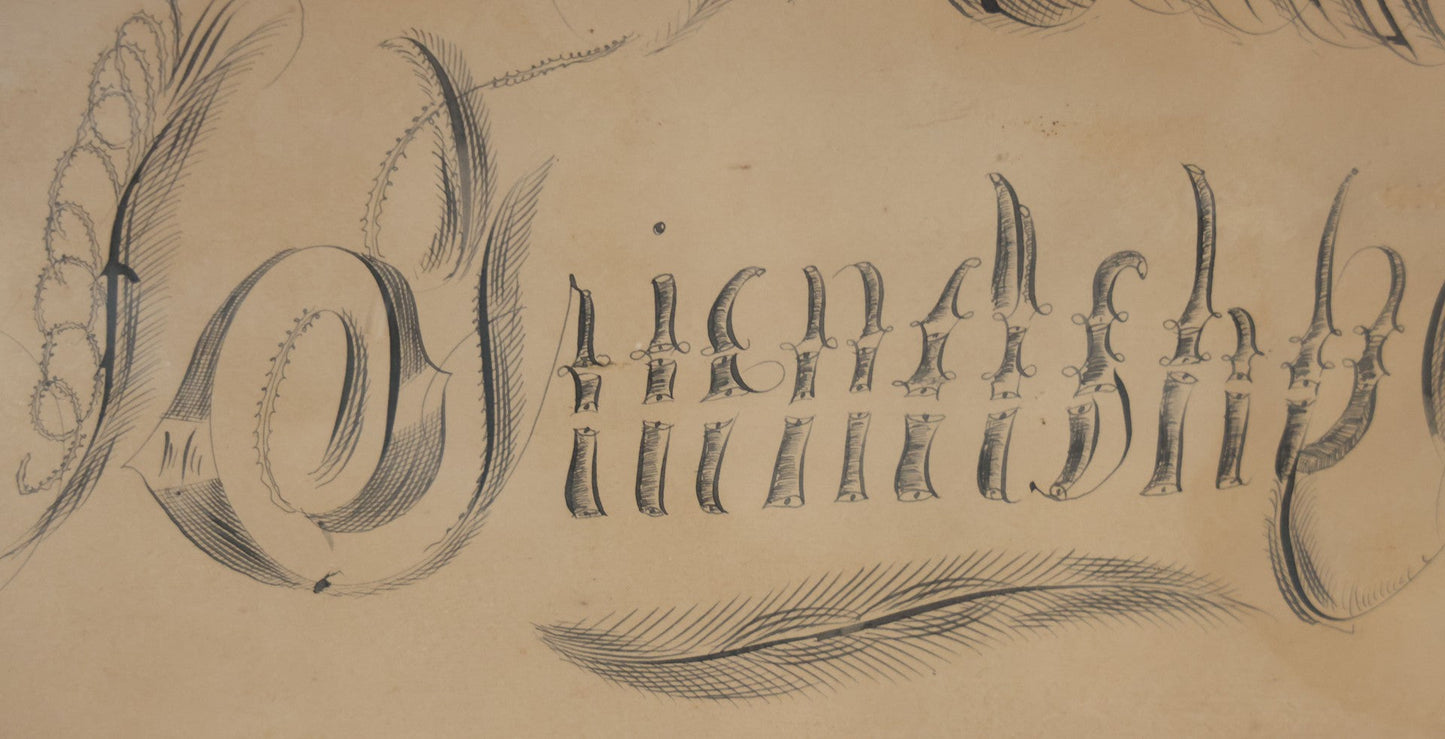 Antique Hand Drawn Calligraphy Art, "Friendship," With Birds Motif. 19-1/4" x 11-1/2"