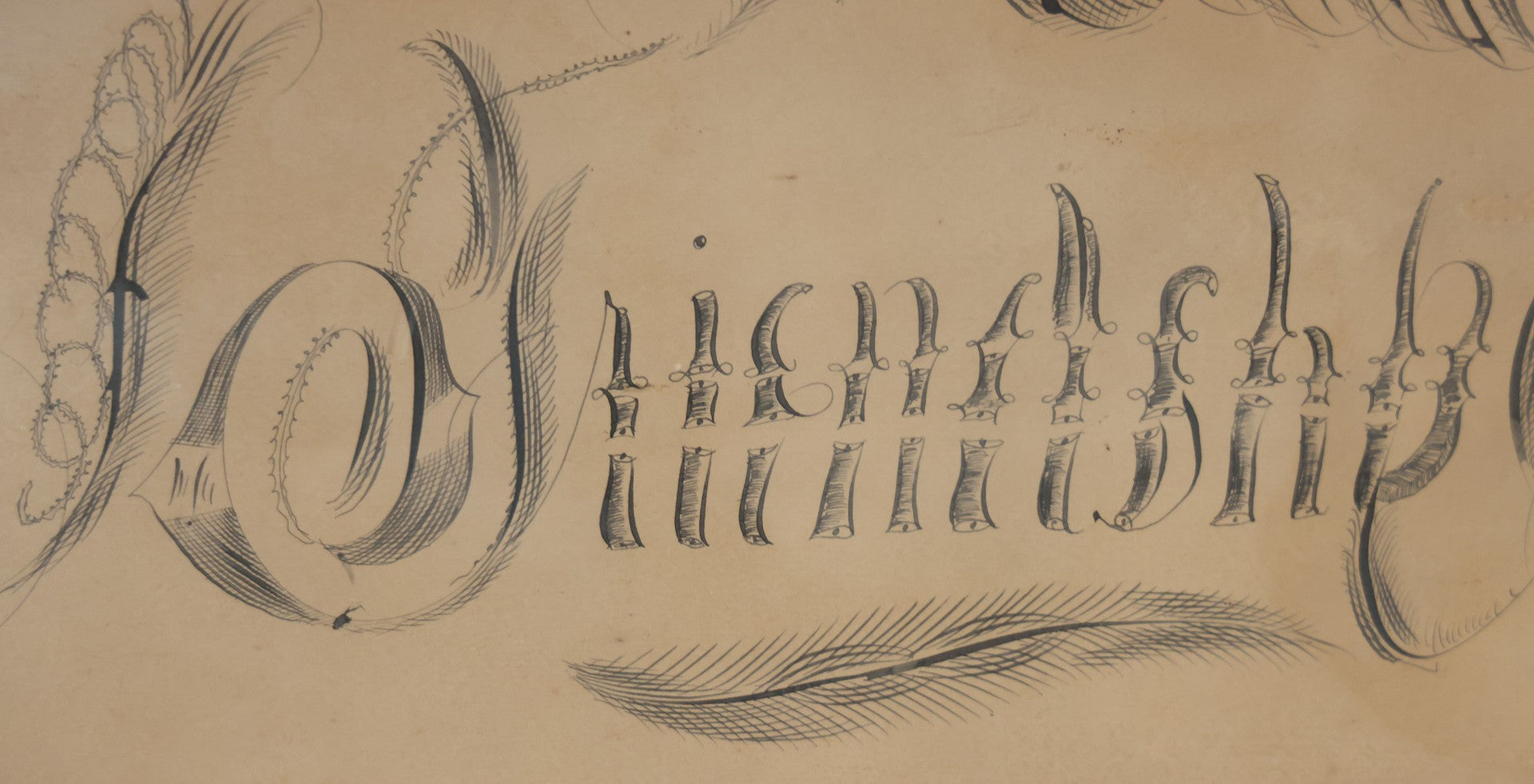 Antique Hand Drawn Calligraphy Art, "Friendship," With Birds Motif. 19-1/4" x 11-1/2"