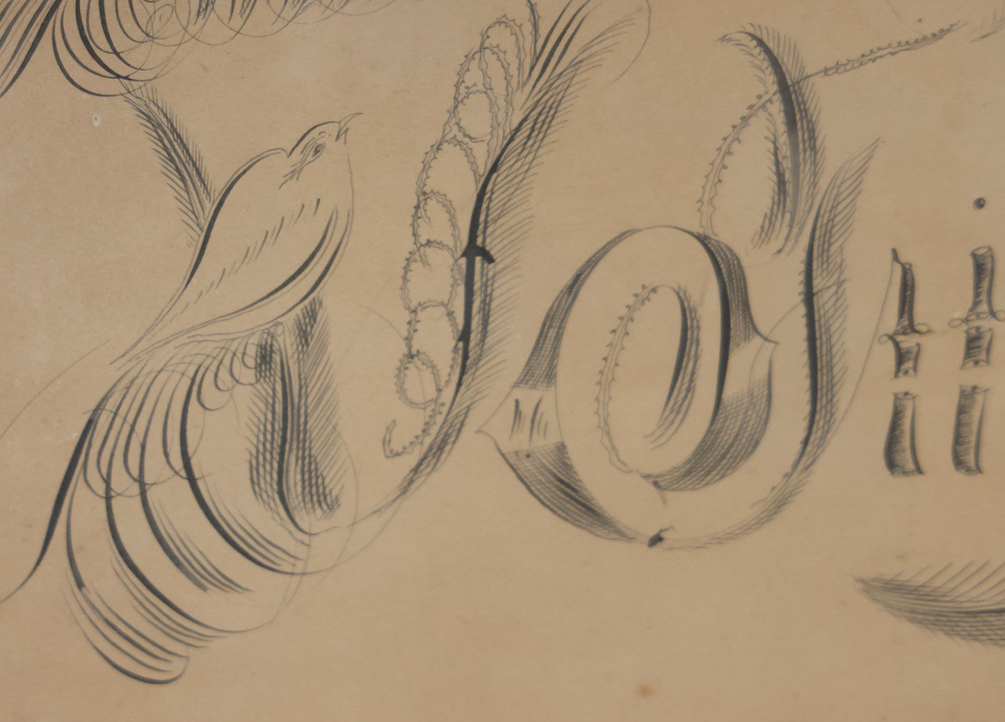 Antique Hand Drawn Calligraphy Art, "Friendship," With Birds Motif. 19-1/4" x 11-1/2"