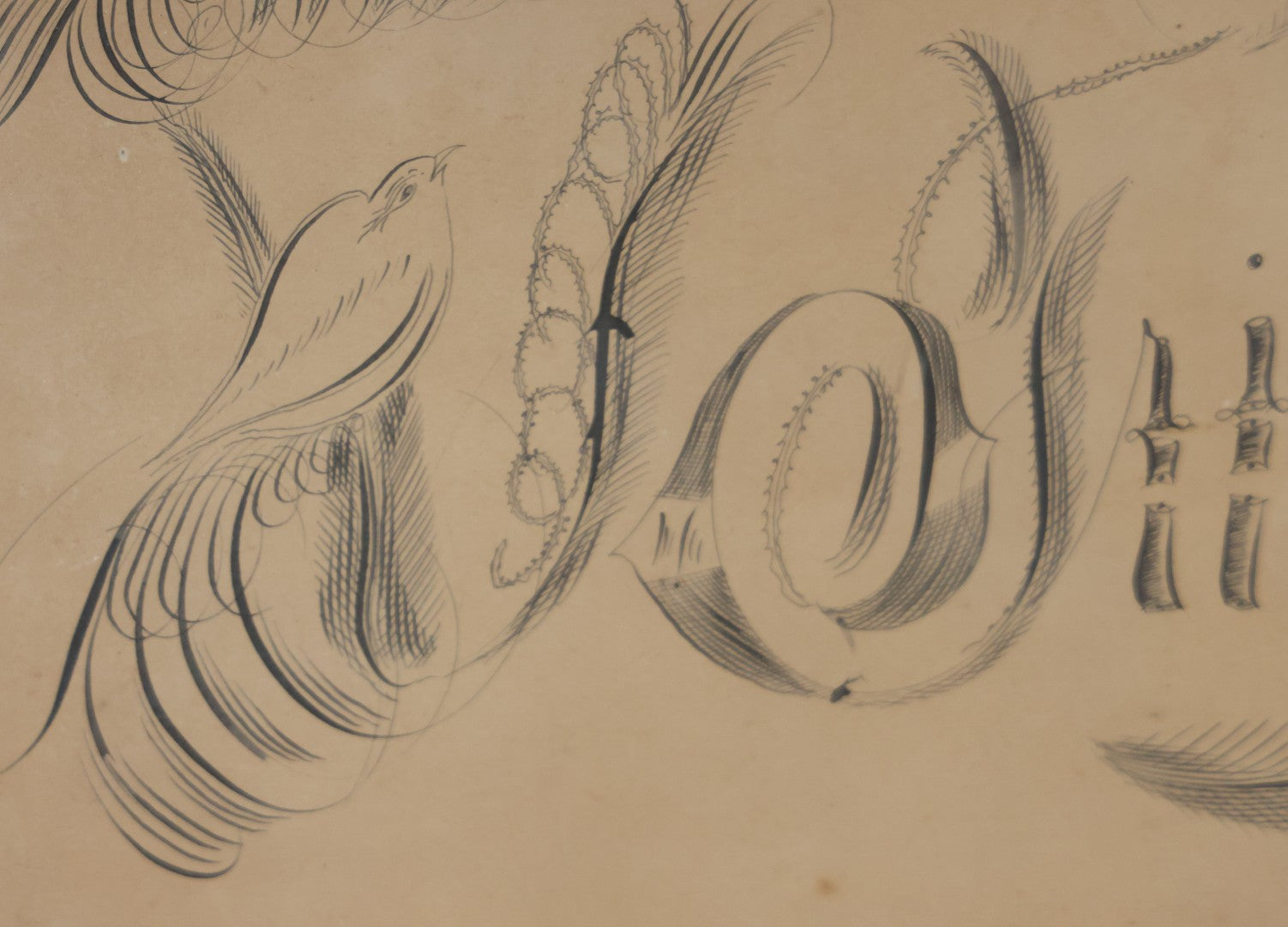 Antique Hand Drawn Calligraphy Art, "Friendship," With Birds Motif. 19-1/4" x 11-1/2"