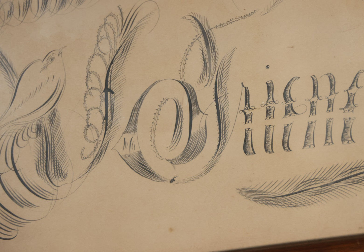 Antique Hand Drawn Calligraphy Art, "Friendship," With Birds Motif. 19-1/4" x 11-1/2"