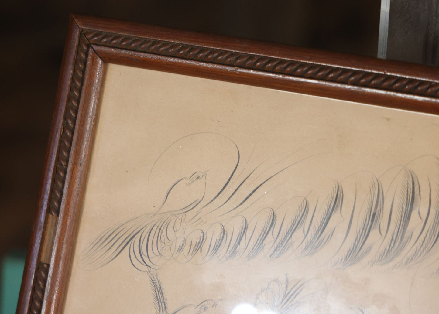 Antique Hand Drawn Calligraphy Art, "Friendship," With Birds Motif. 19-1/4" x 11-1/2"