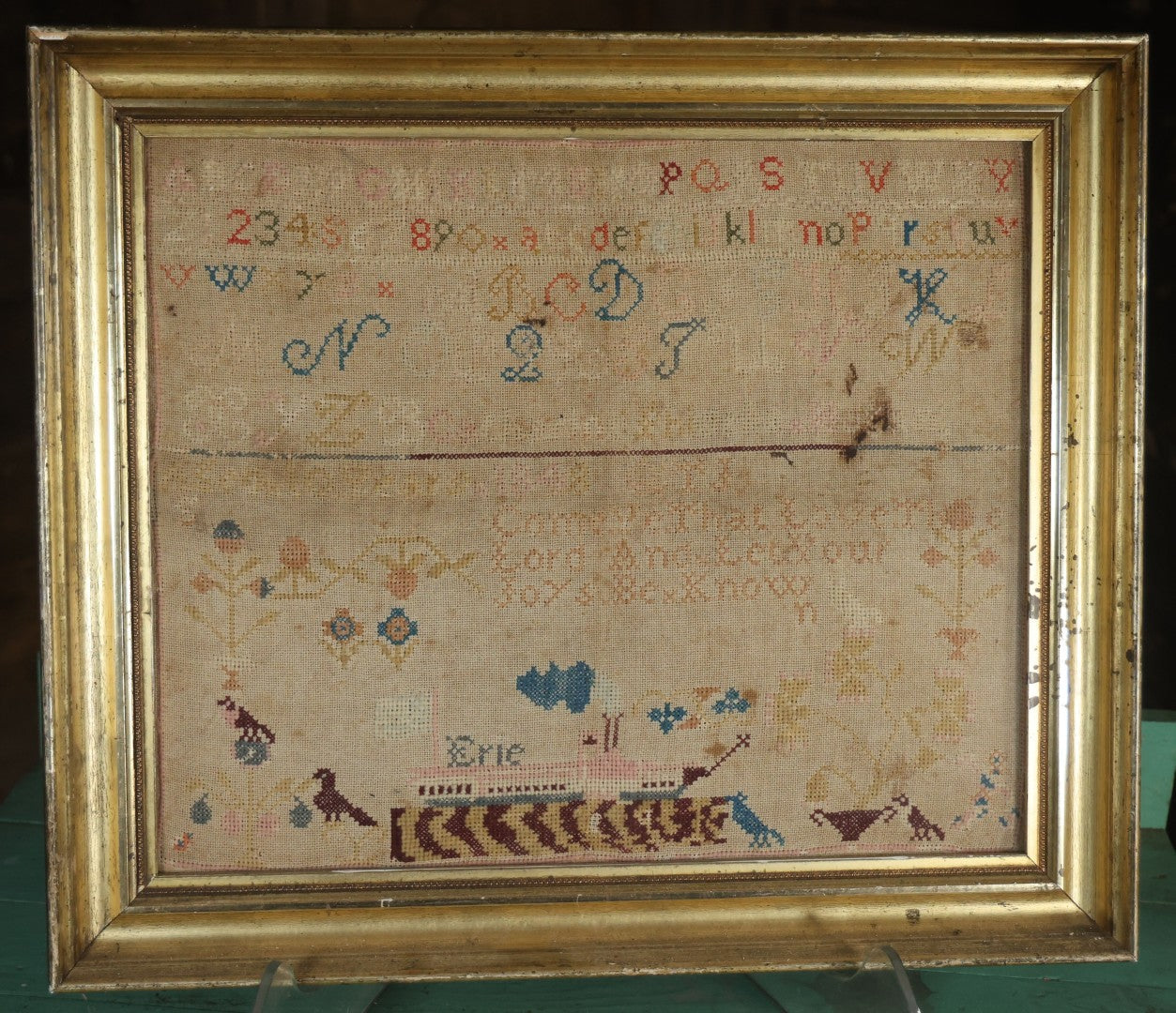Antique Needlepoint Sampler, Steamship Erie Fire Commemoration And Memorial, Circa 1840s. 21-3/4" x 18-3/4"