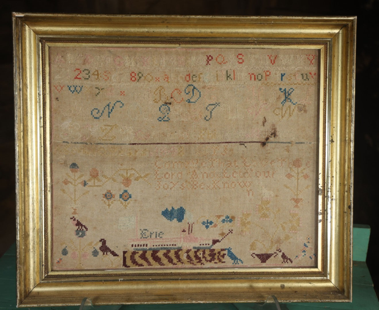 Antique Needlepoint Sampler, Steamship Erie Fire Commemoration And Memorial, Circa 1840s. 21-3/4" x 18-3/4"
