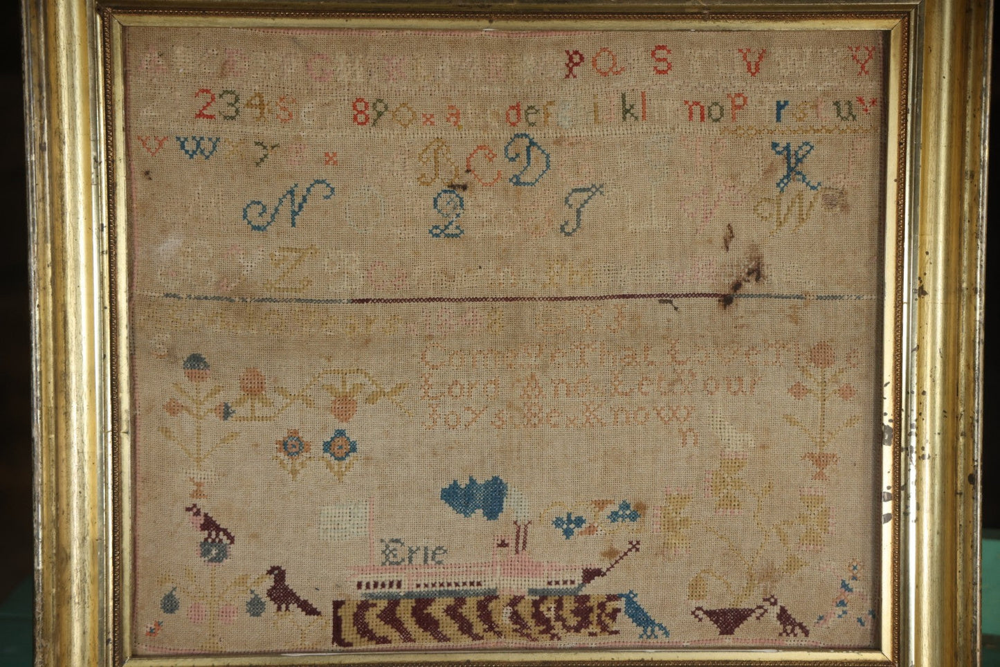 Antique Needlepoint Sampler, Steamship Erie Fire Commemoration And Memorial, Circa 1840s. 21-3/4" x 18-3/4"