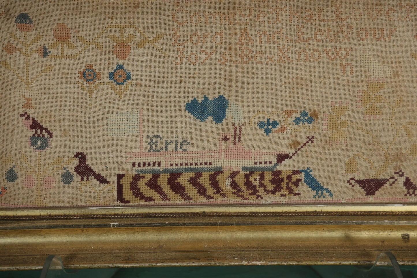 Antique Needlepoint Sampler, Steamship Erie Fire Commemoration And Memorial, Circa 1840s. 21-3/4" x 18-3/4"