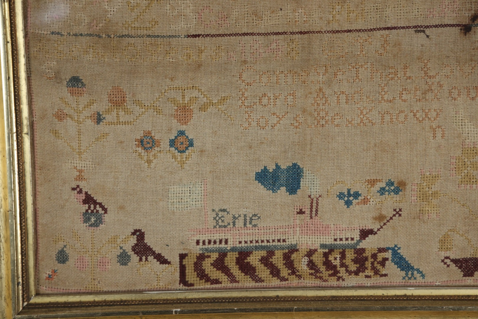Antique Needlepoint Sampler, Steamship Erie Fire Commemoration And Memorial, Circa 1840s. 21-3/4" x 18-3/4"