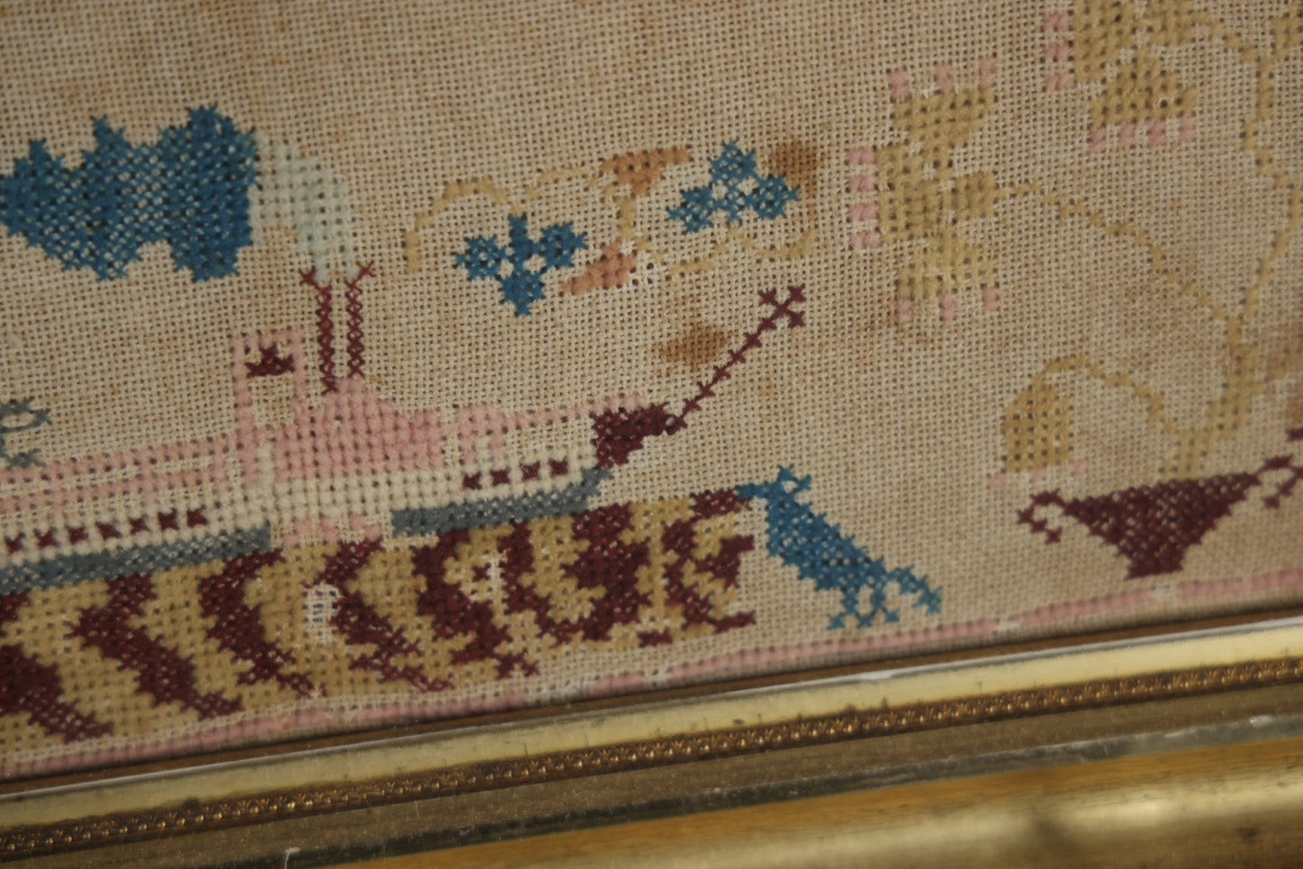 Antique Needlepoint Sampler, Steamship Erie Fire Commemoration And Memorial, Circa 1840s. 21-3/4" x 18-3/4"