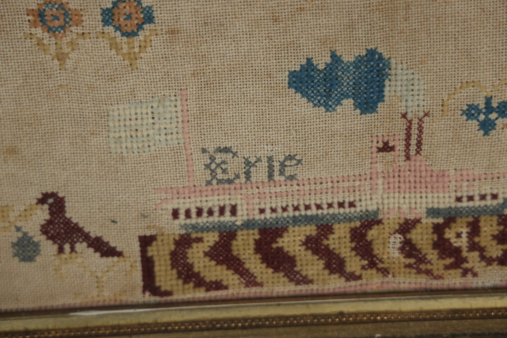 Antique Needlepoint Sampler, Steamship Erie Fire Commemoration And Memorial, Circa 1840s. 21-3/4" x 18-3/4"