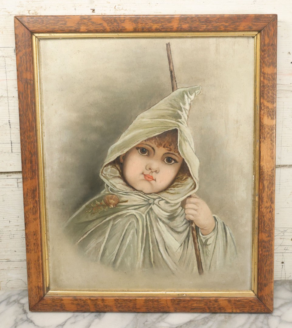Lot 001 - Antique Painting On Board Of A Young Child In A Cloak With Seashell Brooch, Victorian Sentimental Painting, 15-3/4" x 18-3/4"