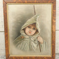 Lot 001 - Antique Painting On Board Of A Young Child In A Cloak With Seashell Brooch, Victorian Sentimental Painting, 15-3/4" x 18-3/4"