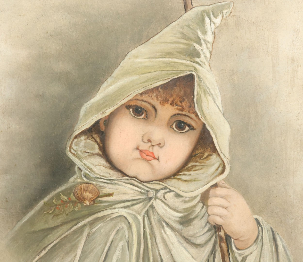 Lot 001 - Antique Painting On Board Of A Young Child In A Cloak With Seashell Brooch, Victorian Sentimental Painting, 15-3/4" x 18-3/4"