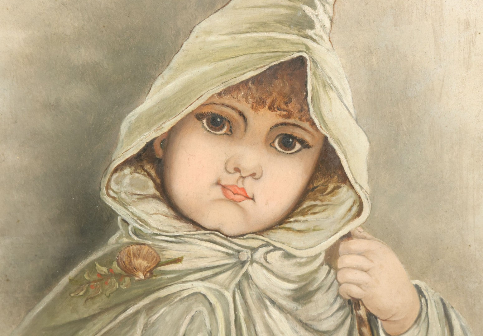 Lot 001 - Antique Painting On Board Of A Young Child In A Cloak With Seashell Brooch, Victorian Sentimental Painting, 15-3/4" x 18-3/4"