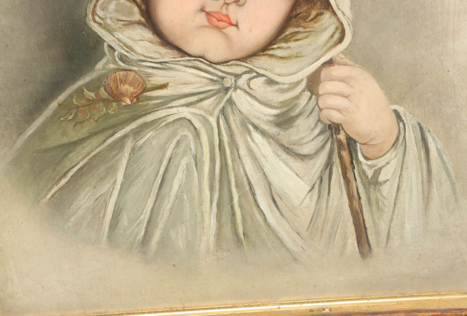 Lot 001 - Antique Painting On Board Of A Young Child In A Cloak With Seashell Brooch, Victorian Sentimental Painting, 15-3/4" x 18-3/4"