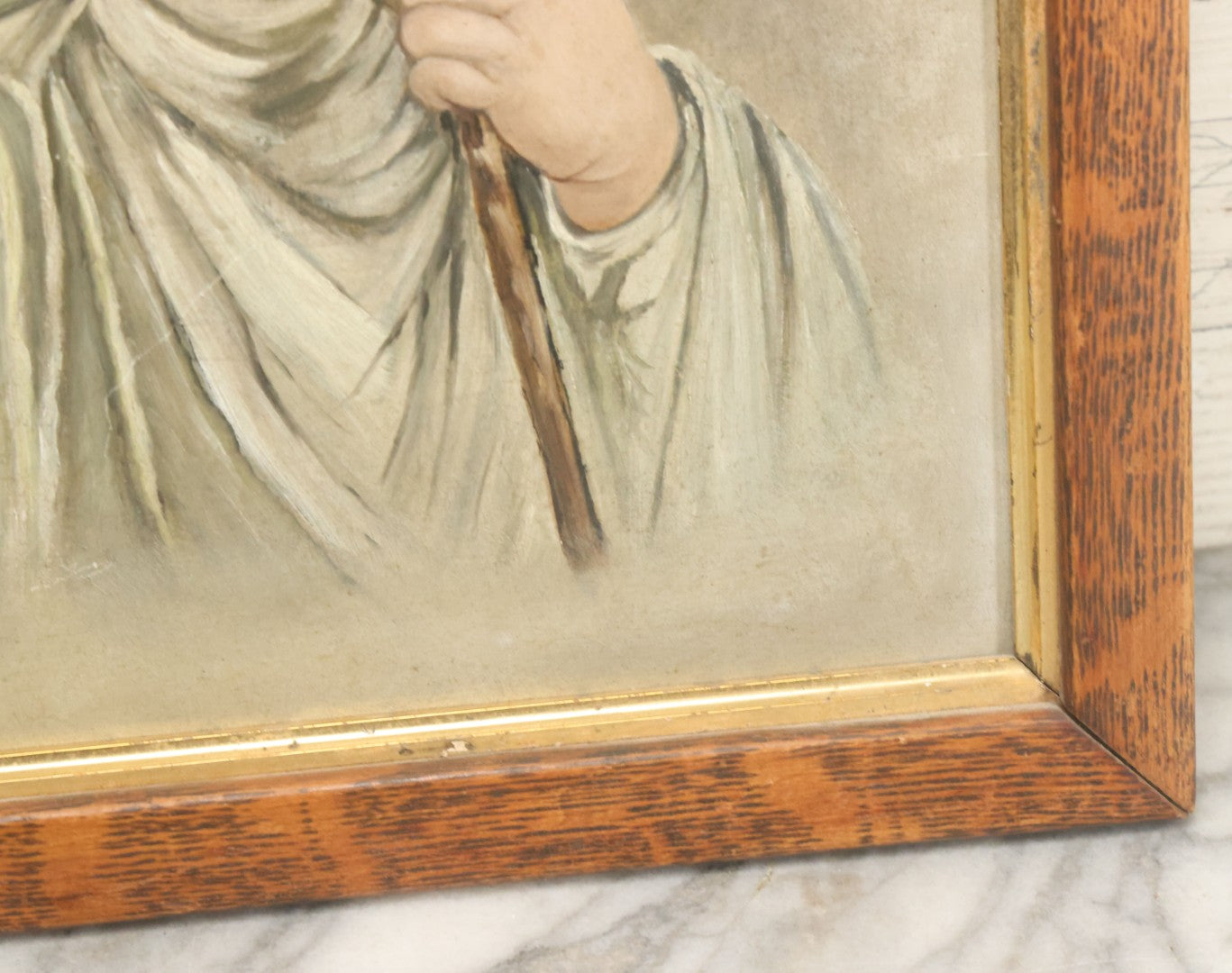 Lot 001 - Antique Painting On Board Of A Young Child In A Cloak With Seashell Brooch, Victorian Sentimental Painting, 15-3/4" x 18-3/4"