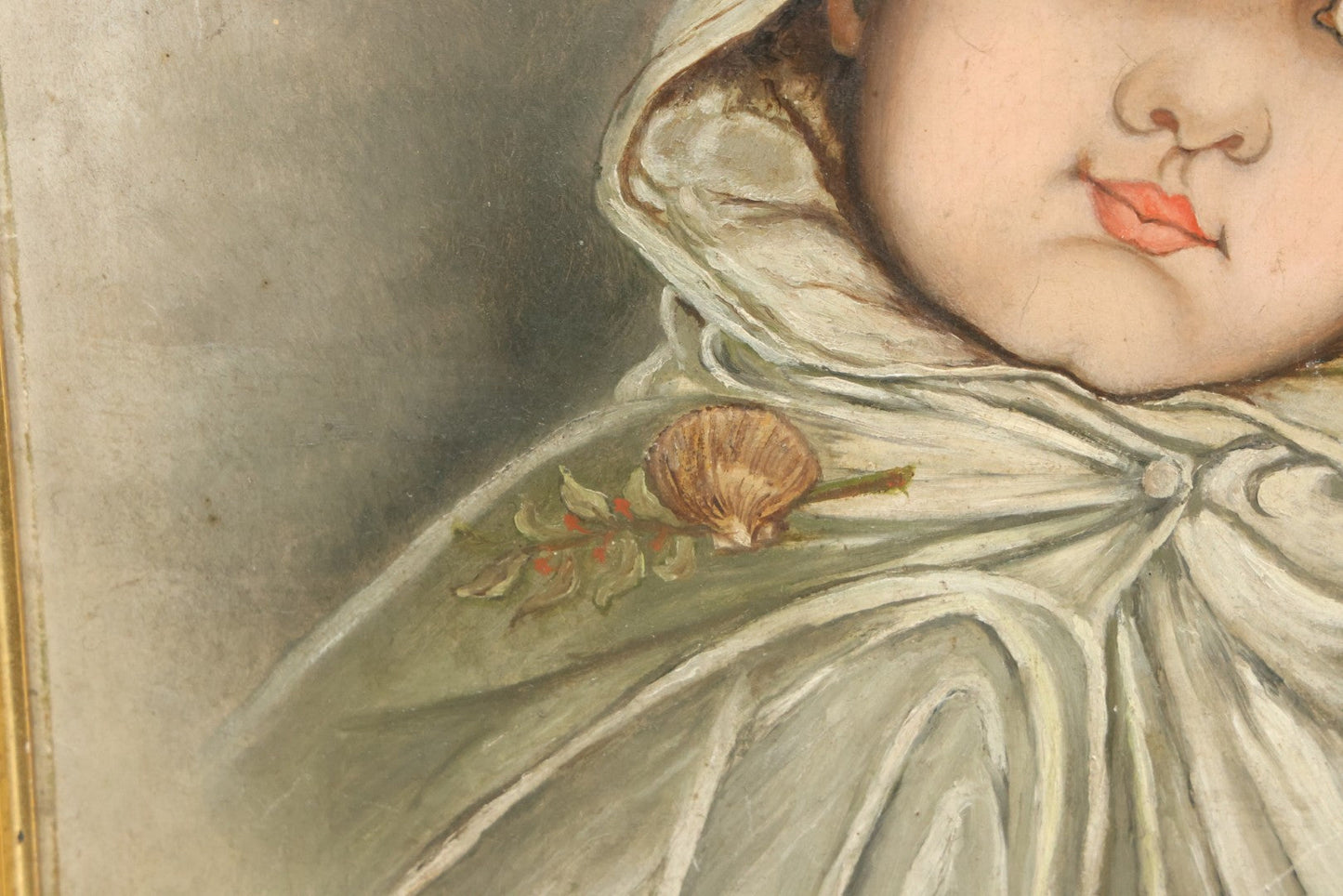 Lot 001 - Antique Painting On Board Of A Young Child In A Cloak With Seashell Brooch, Victorian Sentimental Painting, 15-3/4" x 18-3/4"