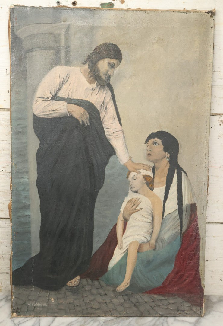 Lot 002 - Antique Oil On Canvas Painting Of Jesus Healing A Sick Child, Artist Signed, Dated 1896, 19-3/8" x 30-1/4"