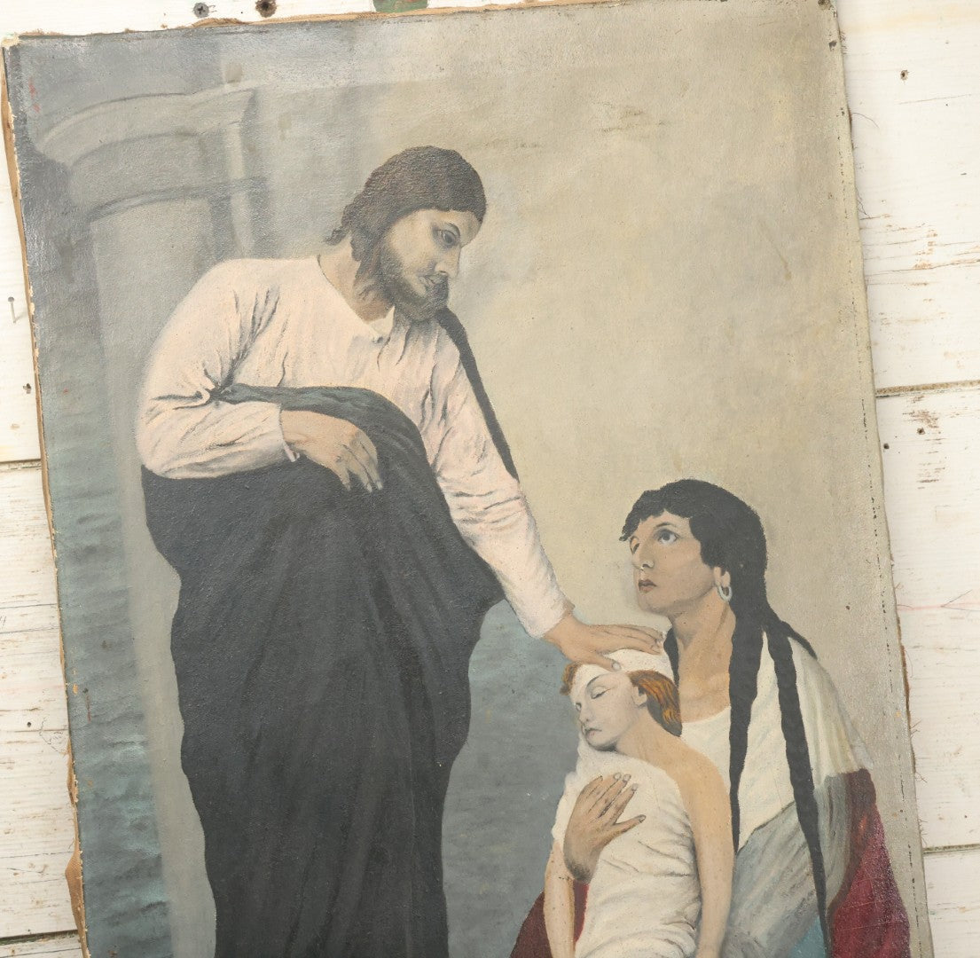Lot 002 - Antique Oil On Canvas Painting Of Jesus Healing A Sick Child, Artist Signed, Dated 1896, 19-3/8" x 30-1/4"