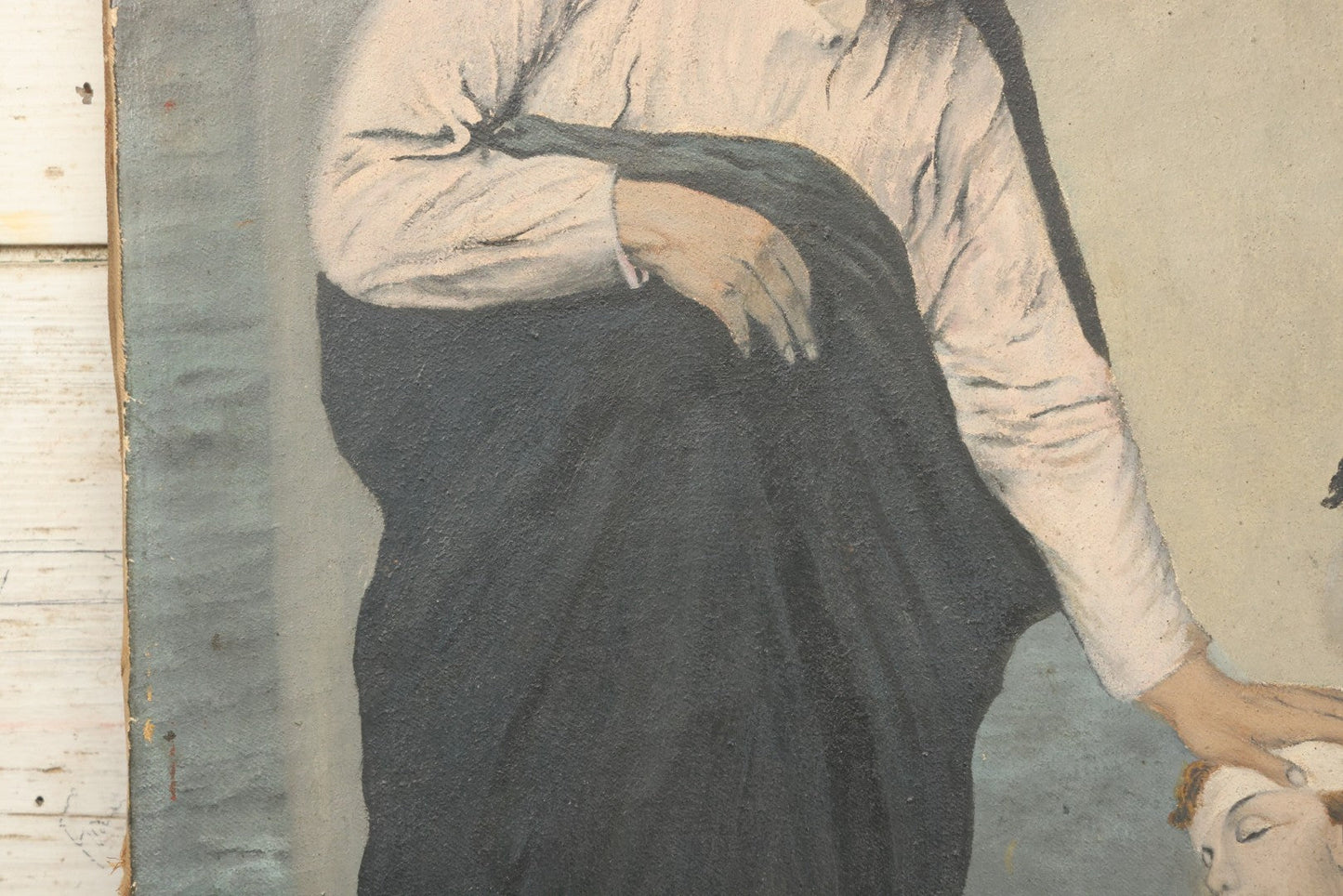 Lot 002 - Antique Oil On Canvas Painting Of Jesus Healing A Sick Child, Artist Signed, Dated 1896, 19-3/8" x 30-1/4"