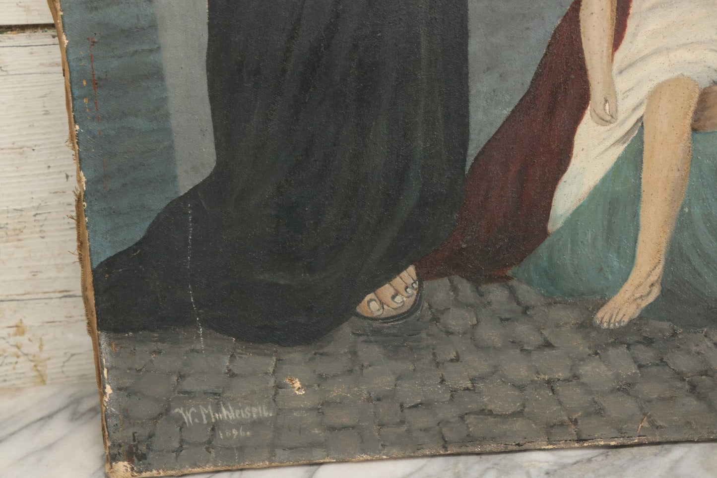 Lot 002 - Antique Oil On Canvas Painting Of Jesus Healing A Sick Child, Artist Signed, Dated 1896, 19-3/8" x 30-1/4"