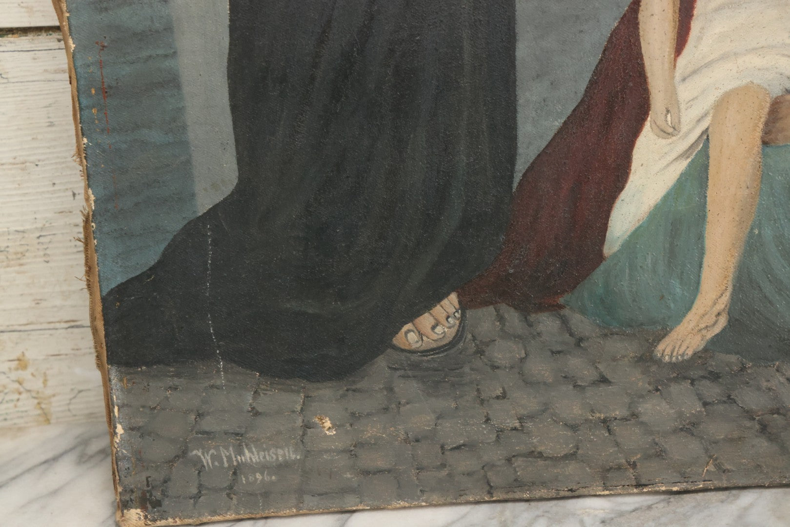 Lot 002 - Antique Oil On Canvas Painting Of Jesus Healing A Sick Child, Artist Signed, Dated 1896, 19-3/8" x 30-1/4"