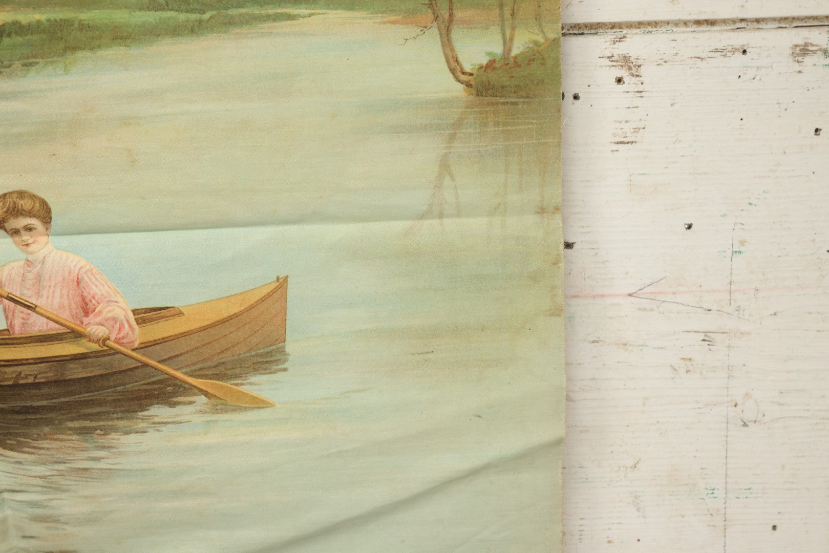 Lot 004 - Antique Lithograph On Linen Of A Woman Canoeing, Copyright 1904, 22-3/4" x 23"