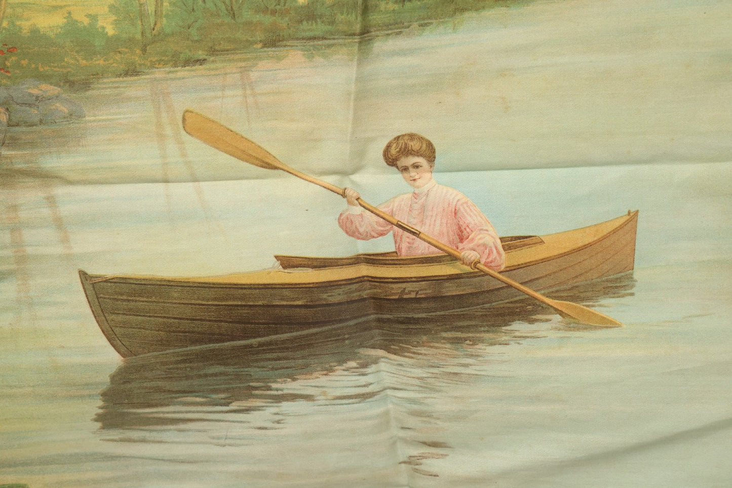 Lot 004 - Antique Lithograph On Linen Of A Woman Canoeing, Copyright 1904, 22-3/4" x 23"