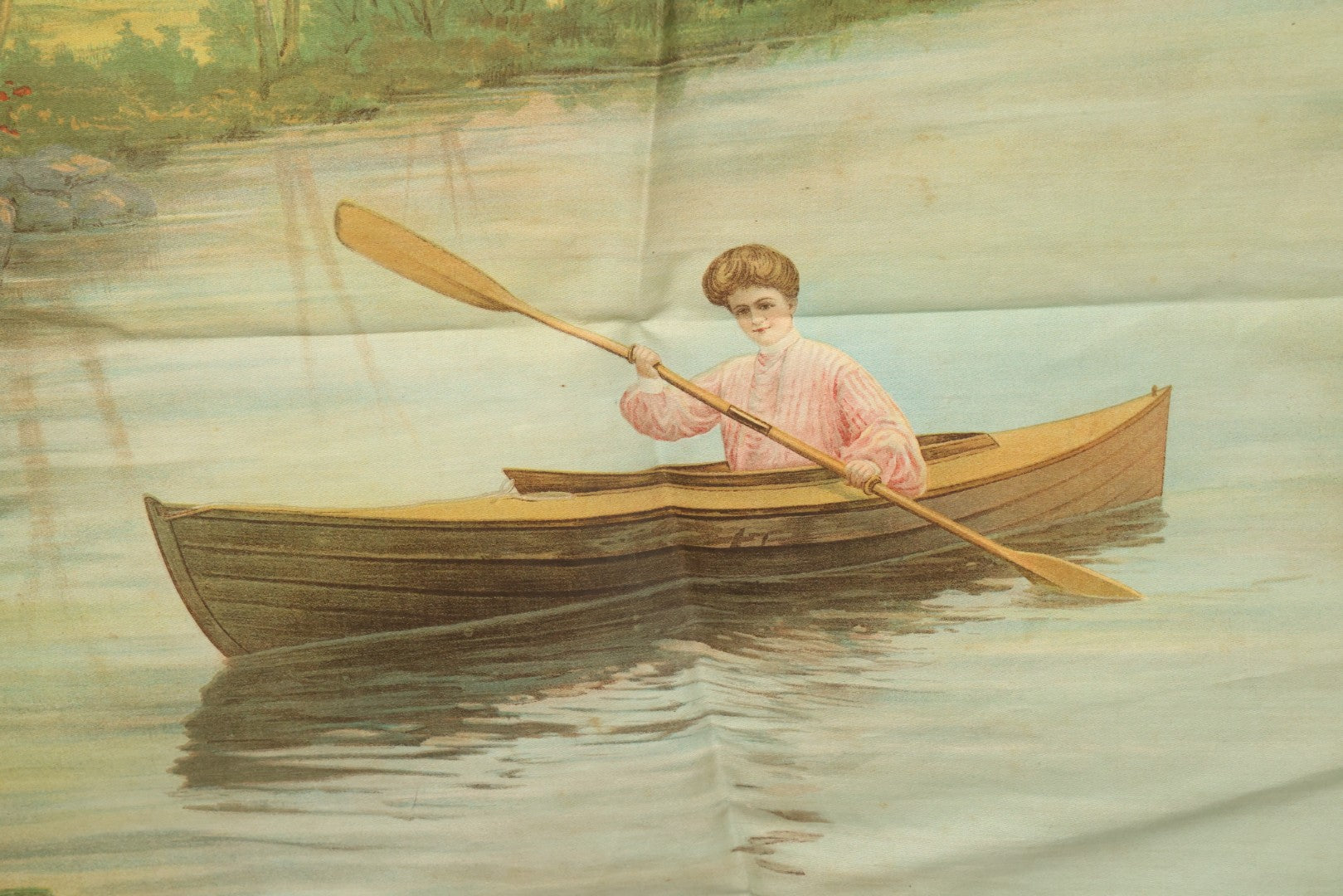 Lot 004 - Antique Lithograph On Linen Of A Woman Canoeing, Copyright 1904, 22-3/4" x 23"