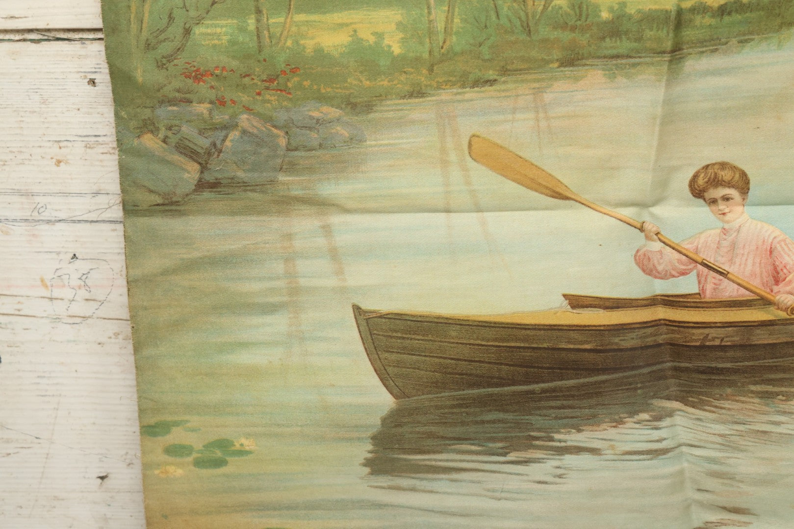 Lot 004 - Antique Lithograph On Linen Of A Woman Canoeing, Copyright 1904, 22-3/4" x 23"