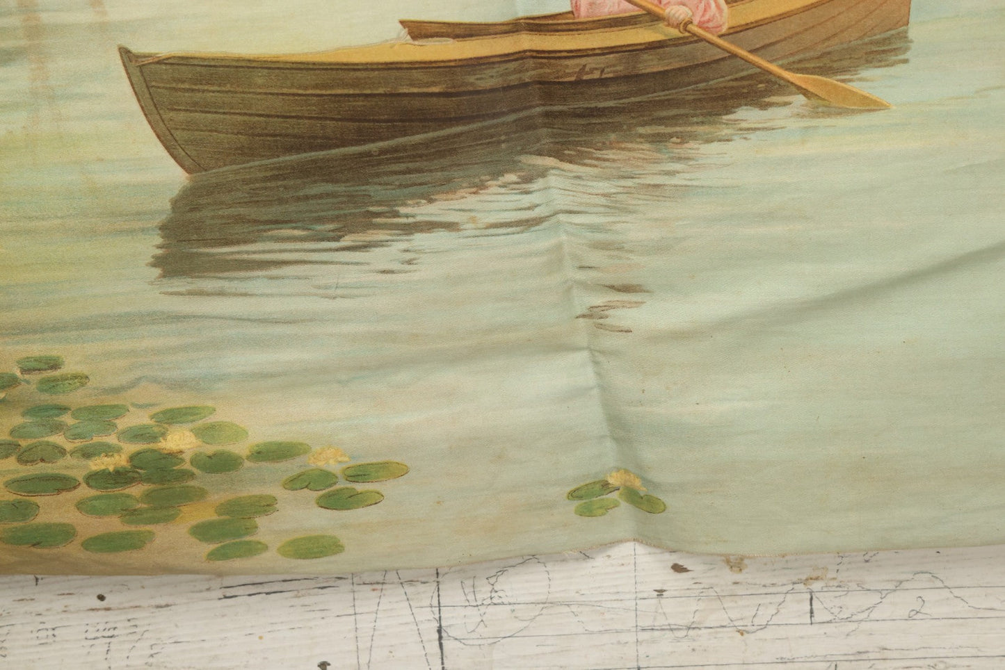 Lot 004 - Antique Lithograph On Linen Of A Woman Canoeing, Copyright 1904, 22-3/4" x 23"