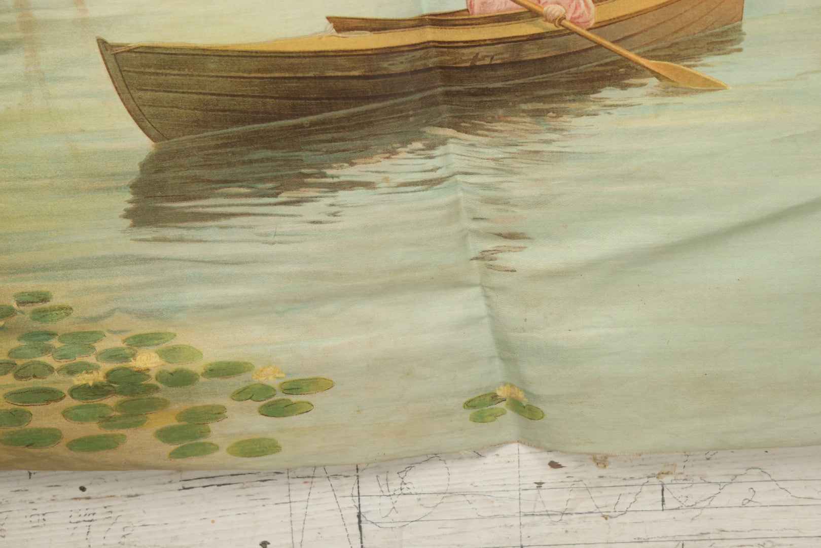 Lot 004 - Antique Lithograph On Linen Of A Woman Canoeing, Copyright 1904, 22-3/4" x 23"