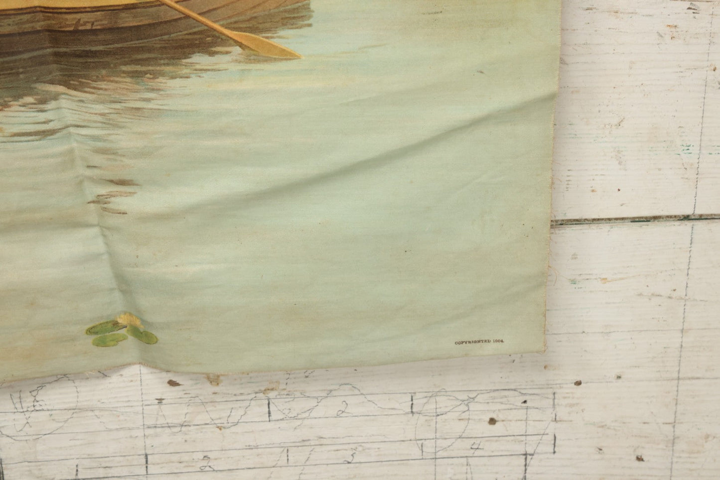 Lot 004 - Antique Lithograph On Linen Of A Woman Canoeing, Copyright 1904, 22-3/4" x 23"