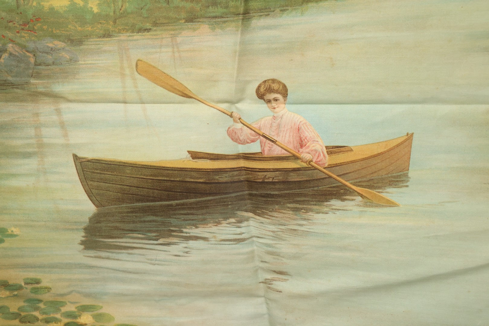 Lot 004 - Antique Lithograph On Linen Of A Woman Canoeing, Copyright 1904, 22-3/4" x 23"