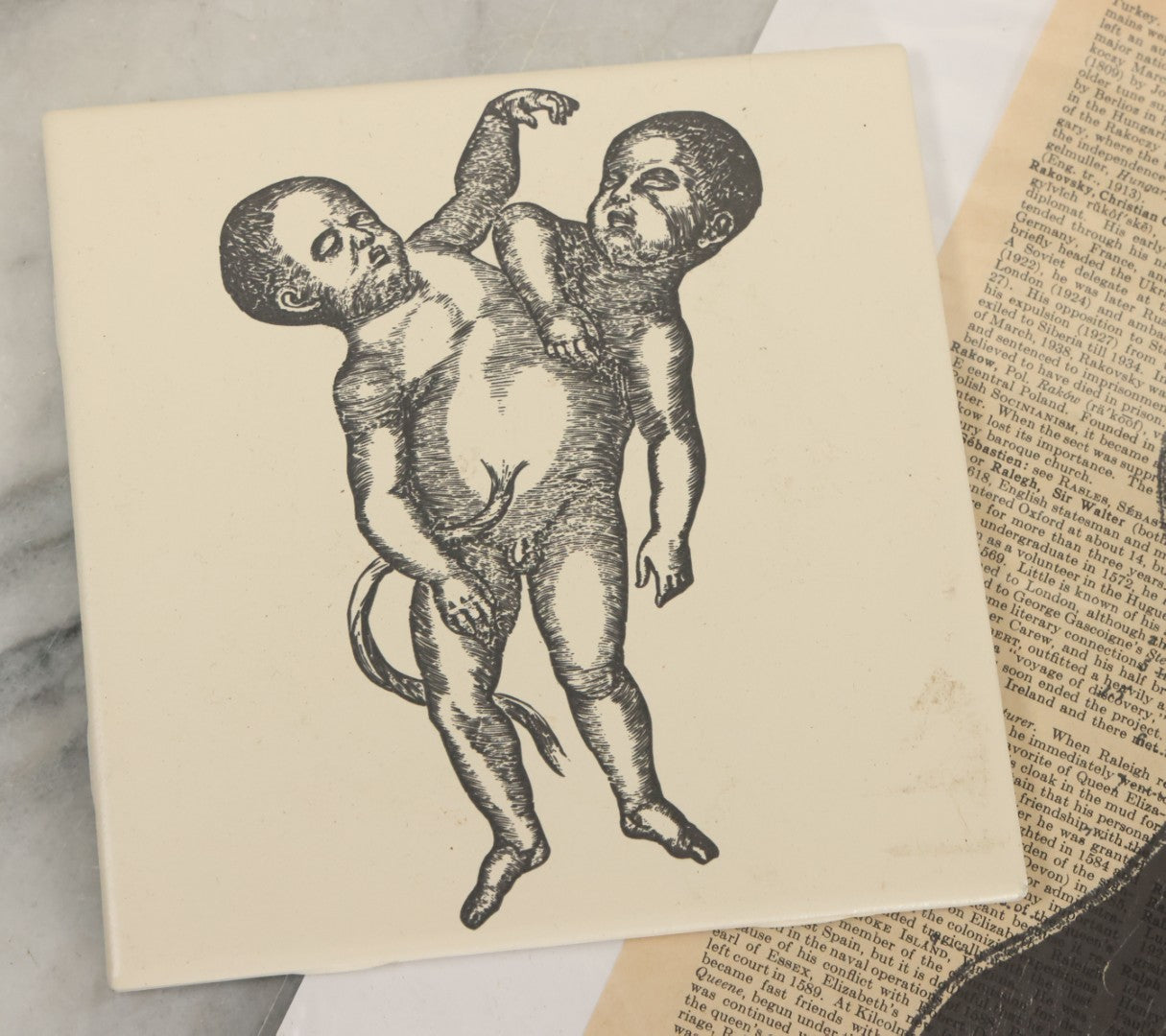 Lot 119 - Pair Of Modern Novelty Oddities Including Conjoined Baby Tile And Block Print On Dictionary Paper