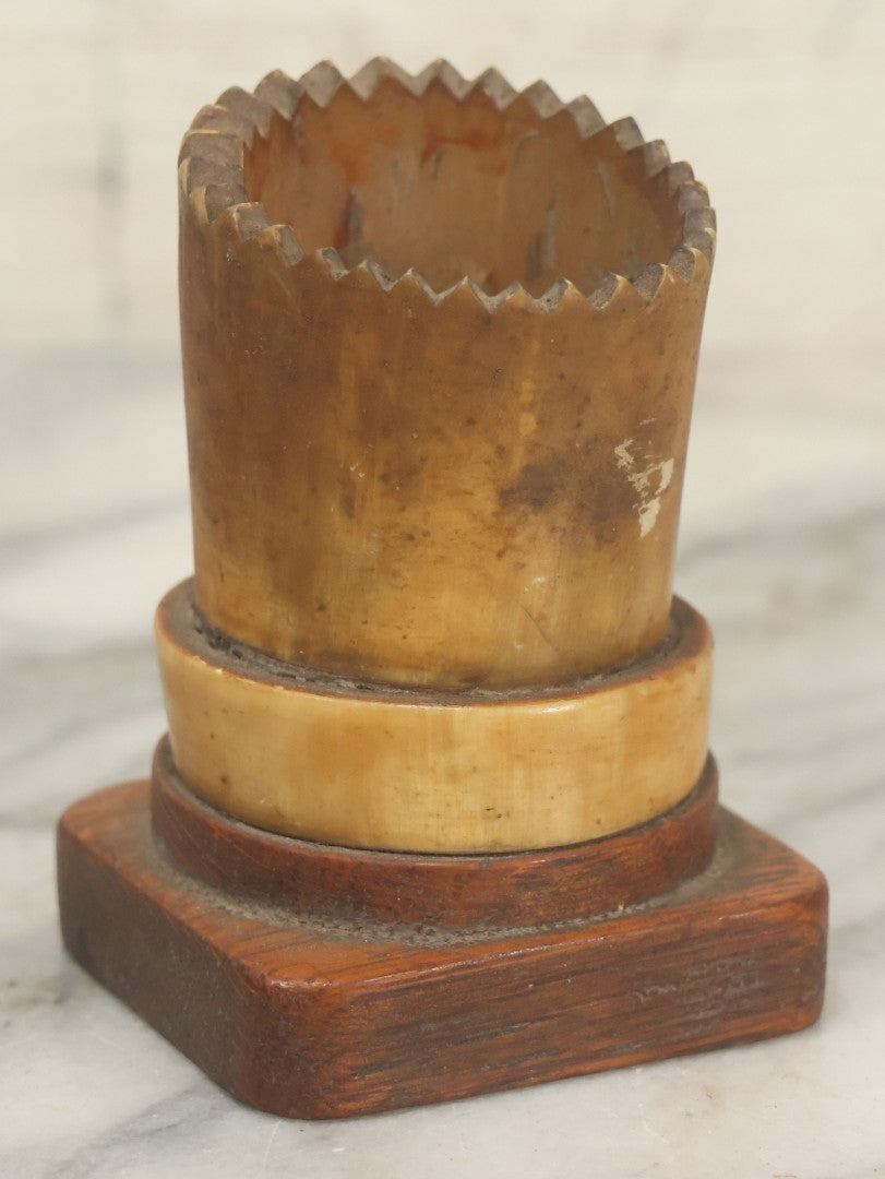 Lot 011 - Antique Folk Art Carved Horn Vessel On Wood Base