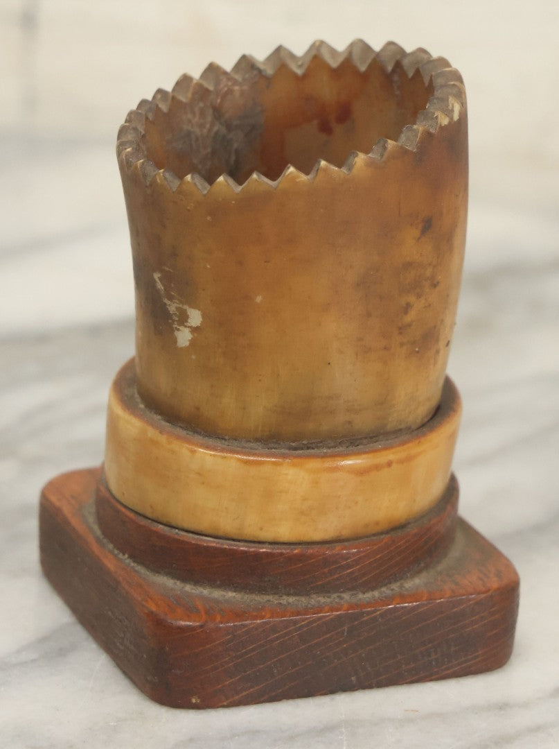 Lot 011 - Antique Folk Art Carved Horn Vessel On Wood Base